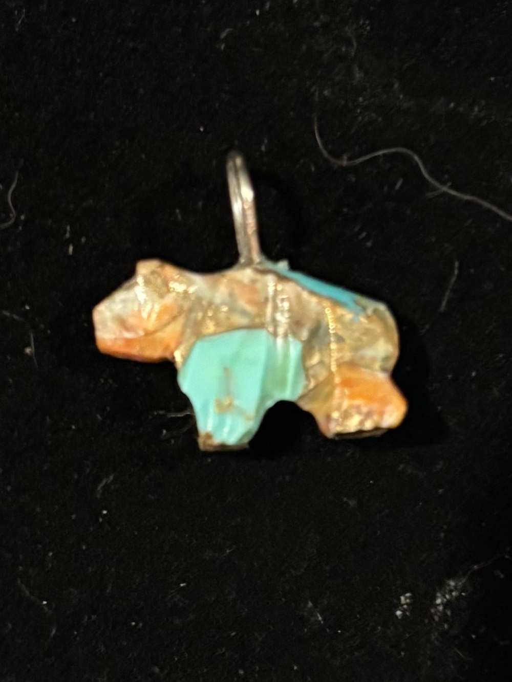 Navajo Hand Carved Turquoise and Orange Bear-Shaped Stone Charm